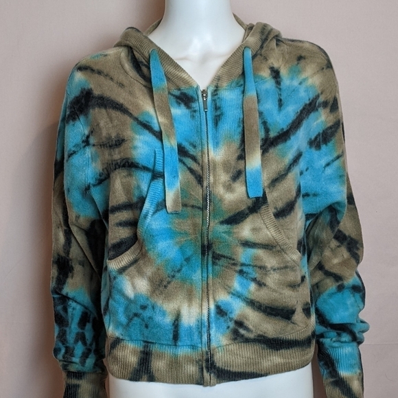 Crush Cashmere Tie Dye Rio Cropped Full Zip Hoodie in Camel and Blue - Picture 1 of 10